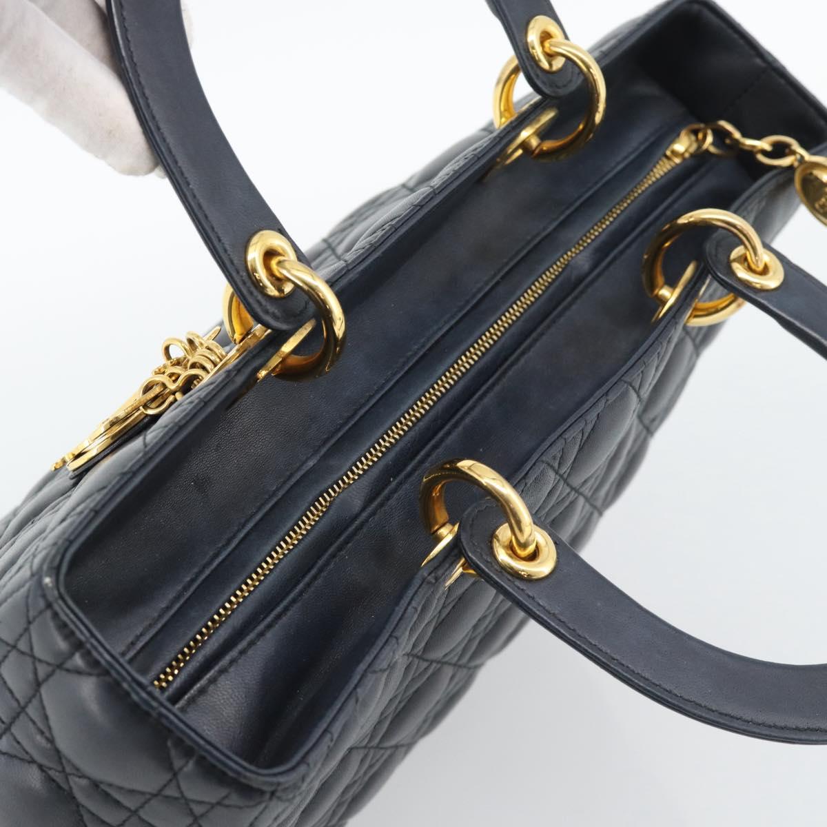 Christian Dior Lady Dior Canage Hand Bag Lamb Skin Black Gold Auth 194778V