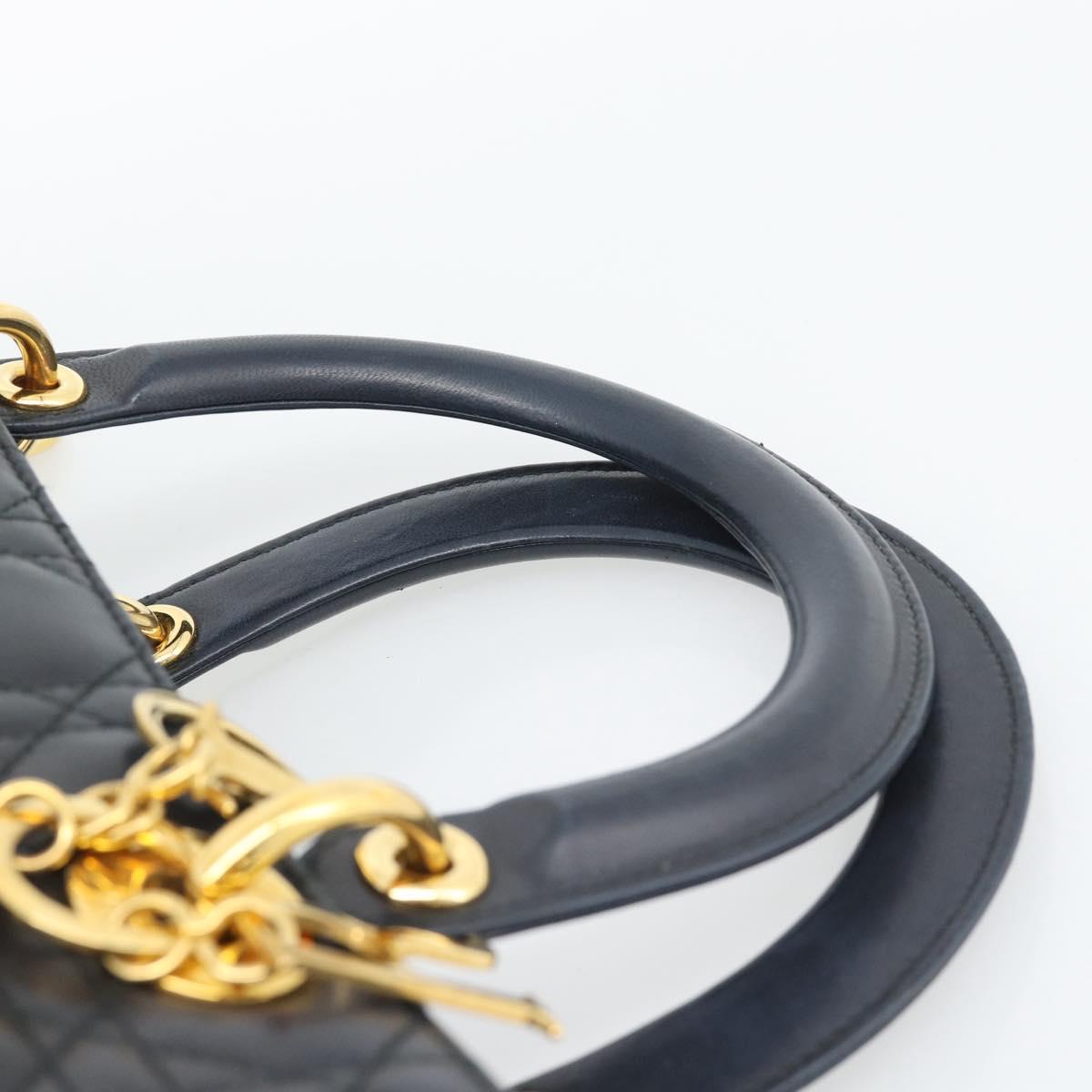 Christian Dior Lady Dior Canage Hand Bag Lamb Skin Black Gold Auth 194778V