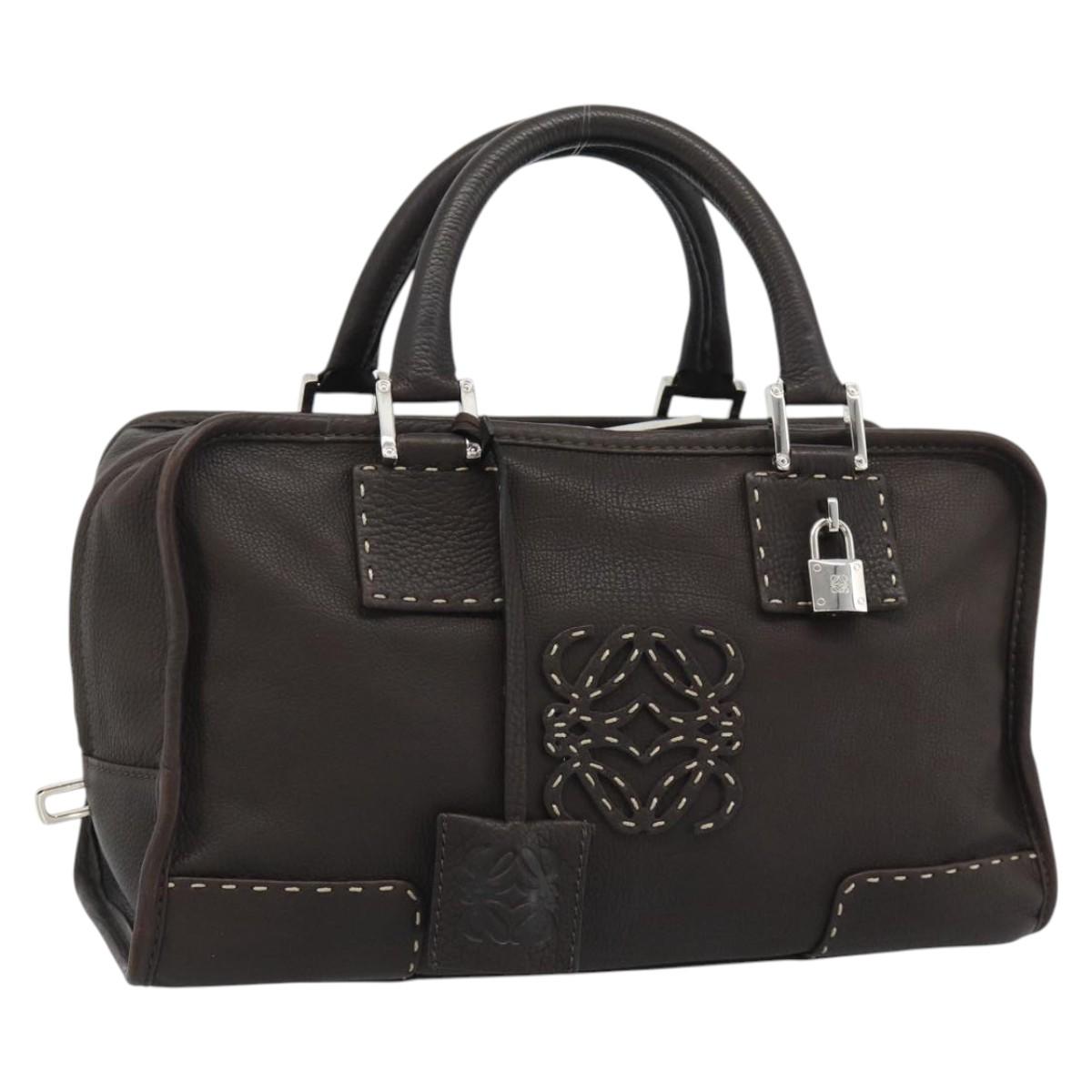 LOEWE Americana 28 Hand Bag Leather Dark Brown Silver Auth 194782SAM