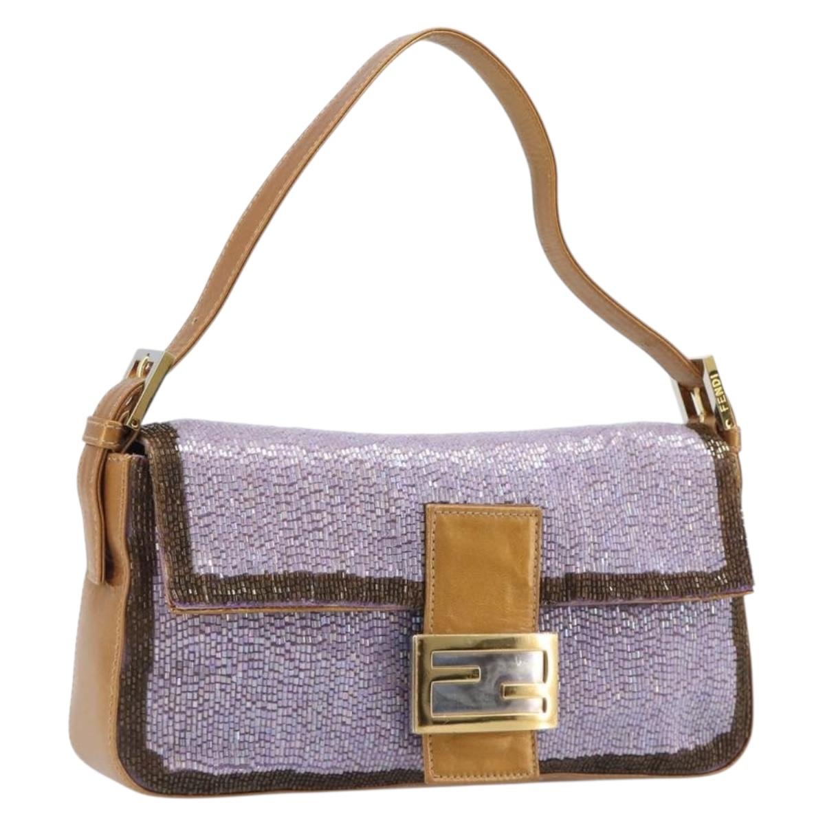 FENDI Mamma Baguette Shoulder Bag Leather Beads Purple Gold Auth 194784SM