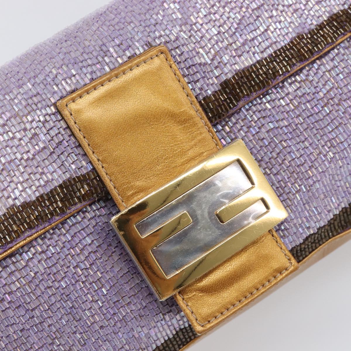 FENDI Mamma Baguette Shoulder Bag Leather Beads Purple Gold Auth 194784SM