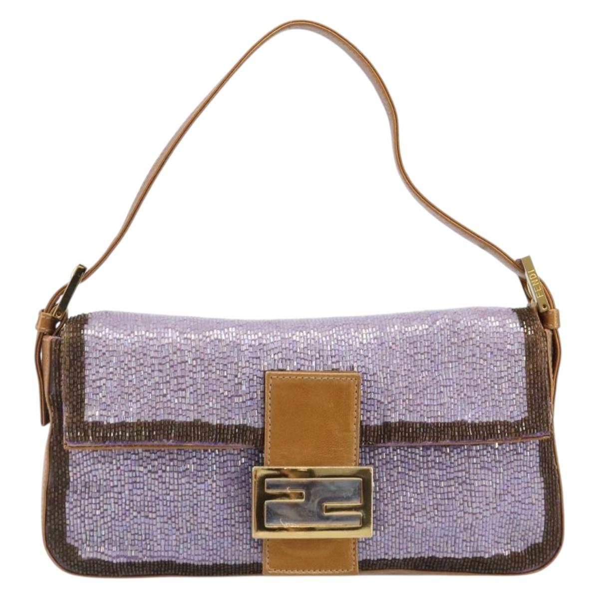 FENDI Mamma Baguette Shoulder Bag Leather Beads Purple Gold Auth 194784SM