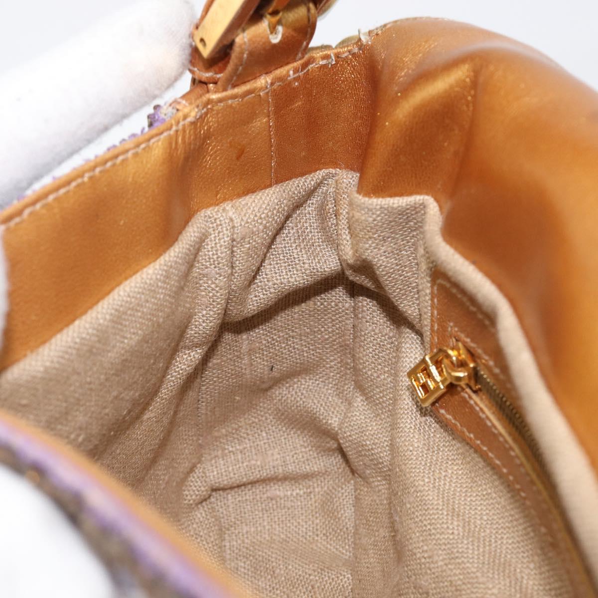 FENDI Mamma Baguette Shoulder Bag Leather Beads Purple Gold Auth 194784SM