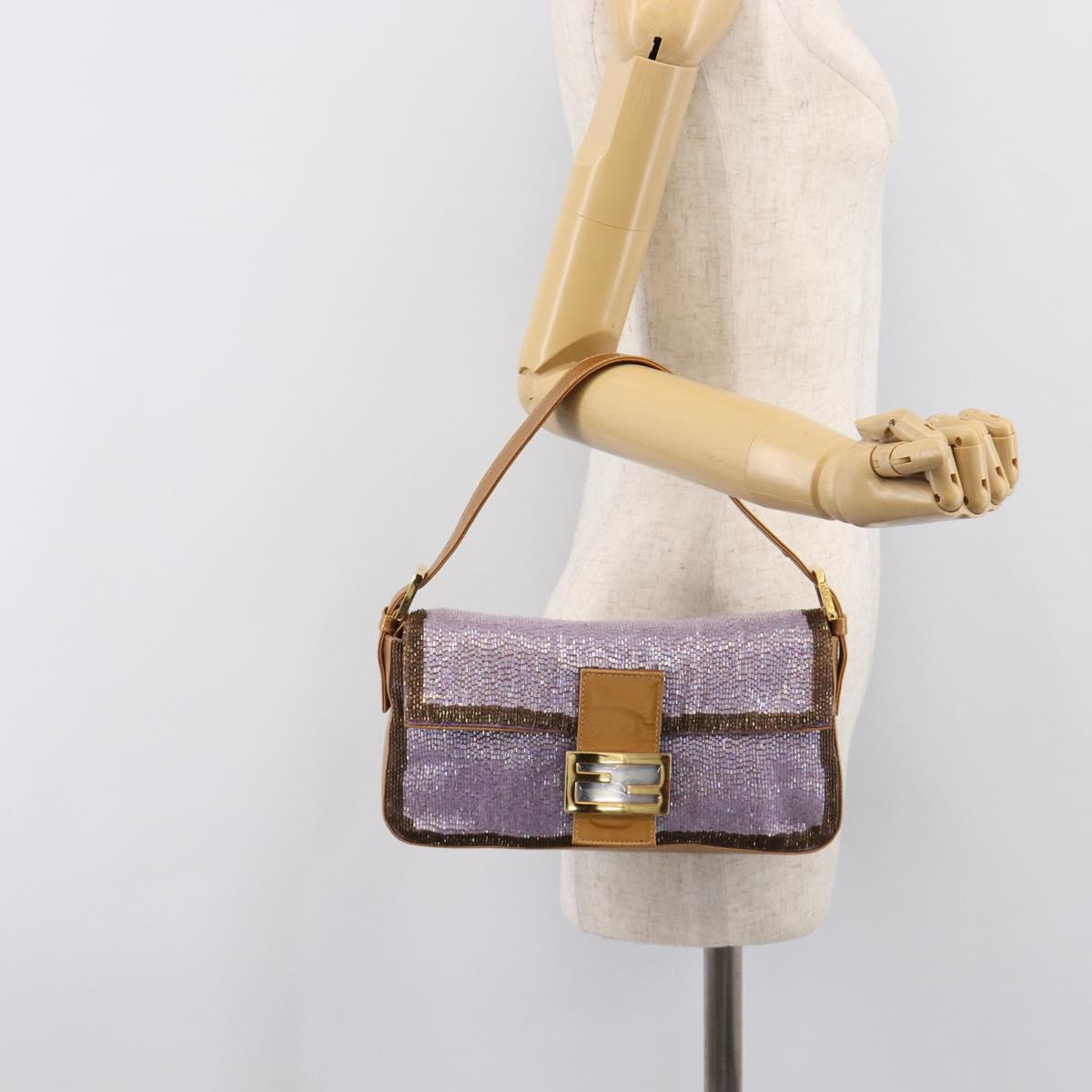 FENDI Mamma Baguette Shoulder Bag Leather Beads Purple Gold Auth 194784SM