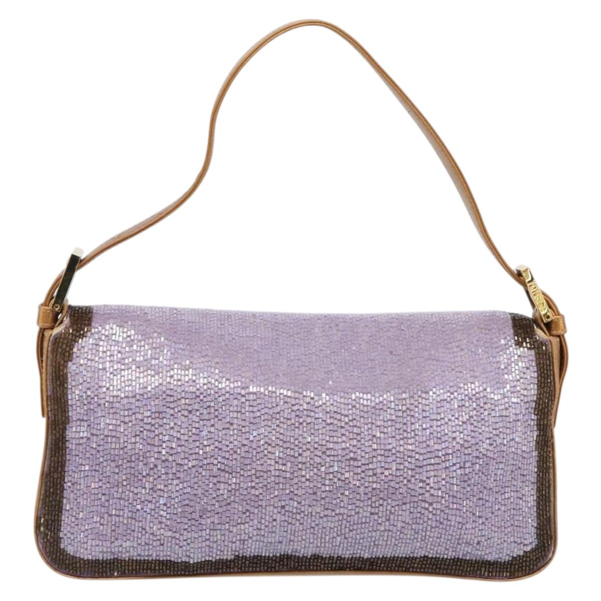 FENDI Mamma Baguette Shoulder Bag Leather Beads Purple Gold Auth 194784SM