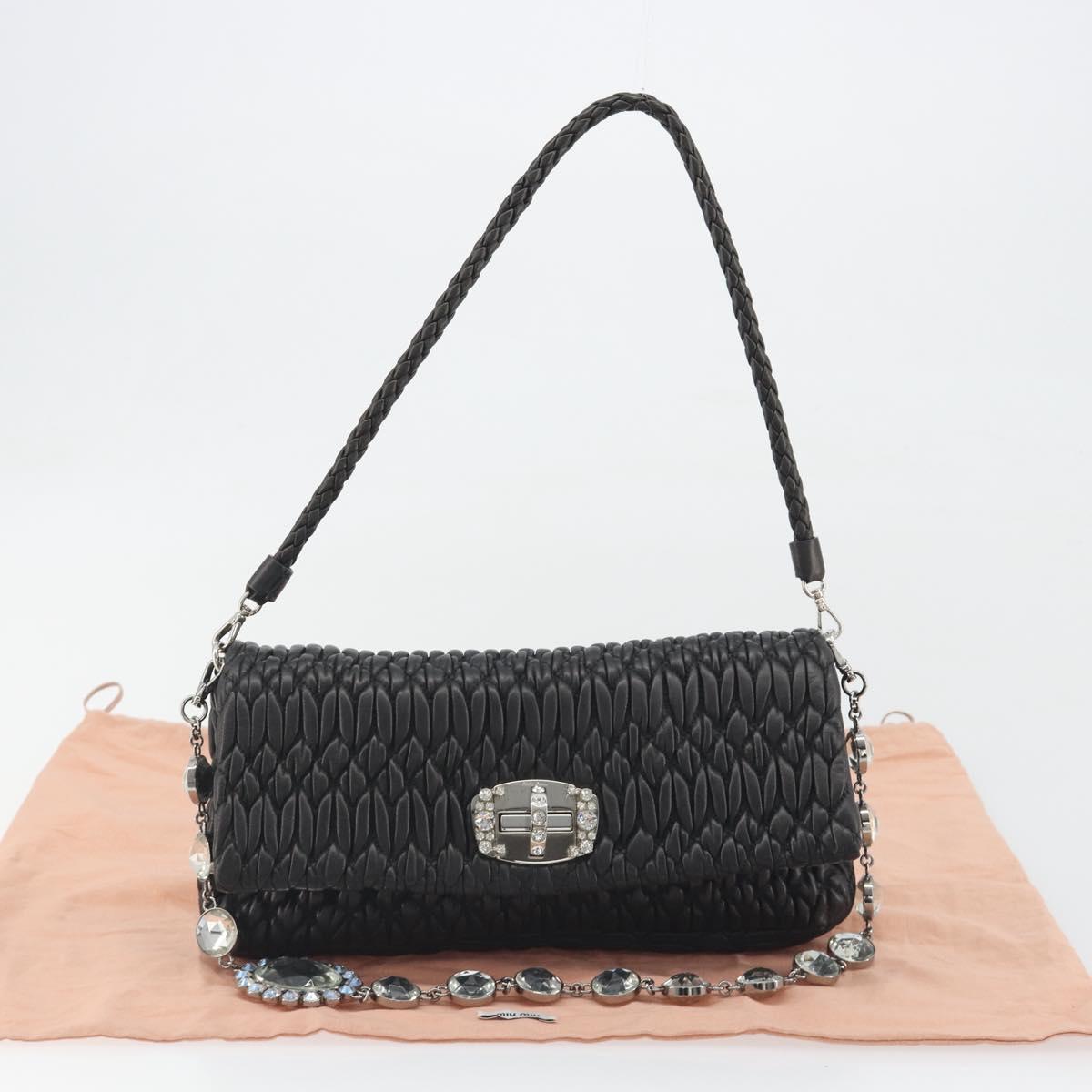 Miu Miu Matelasse Bijoux Chain Shoulder Bag Leather Black Silver Auth 194833SAM
