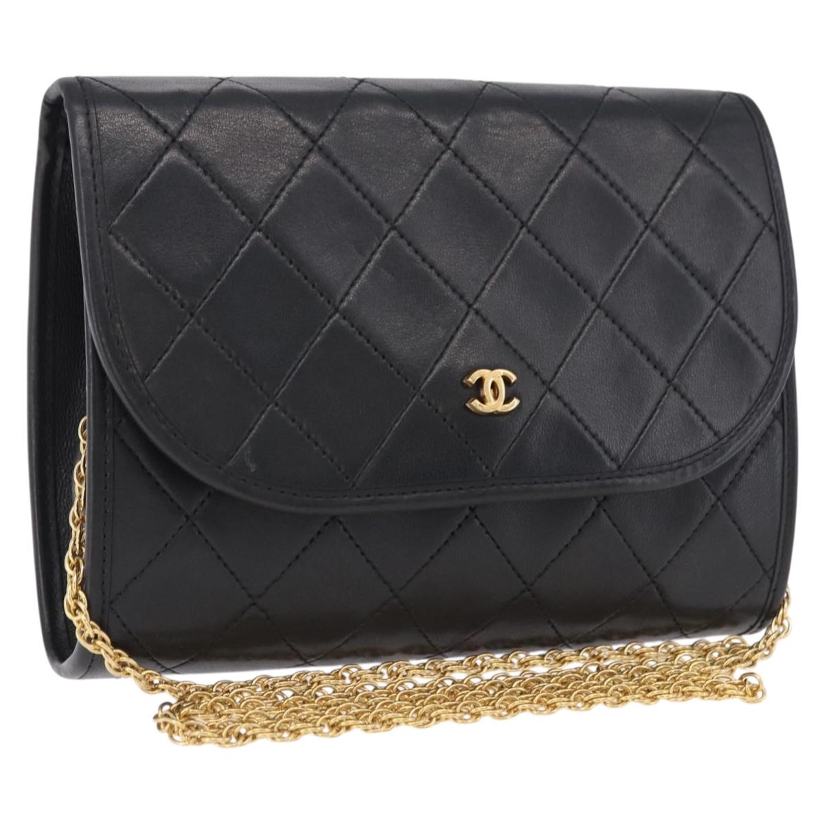 CHANEL Matelasse Chain Shoulder Bag Lamb Skin Black Gold CC Auth 194834A