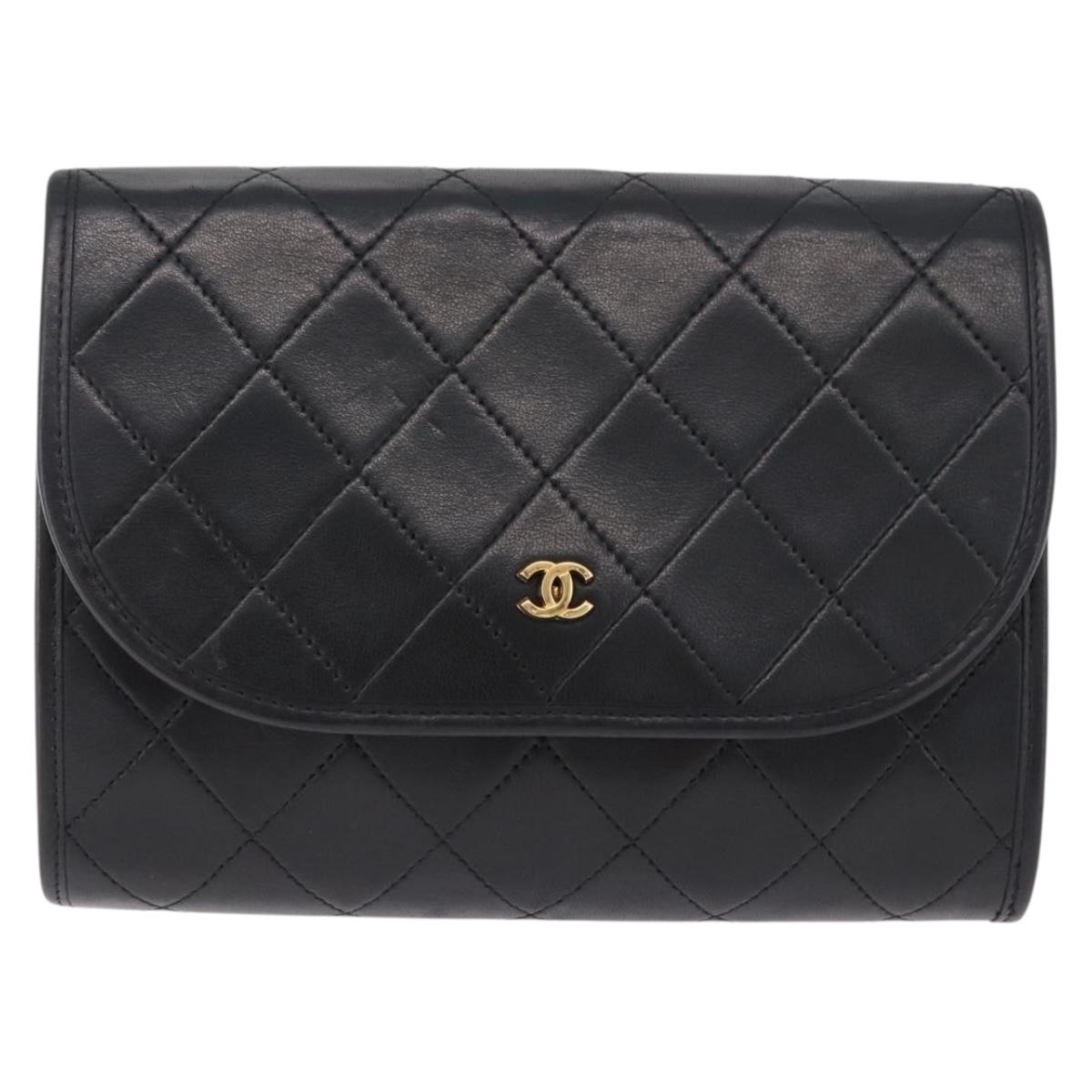 CHANEL Matelasse Chain Shoulder Bag Lamb Skin Black Gold CC Auth 194834A