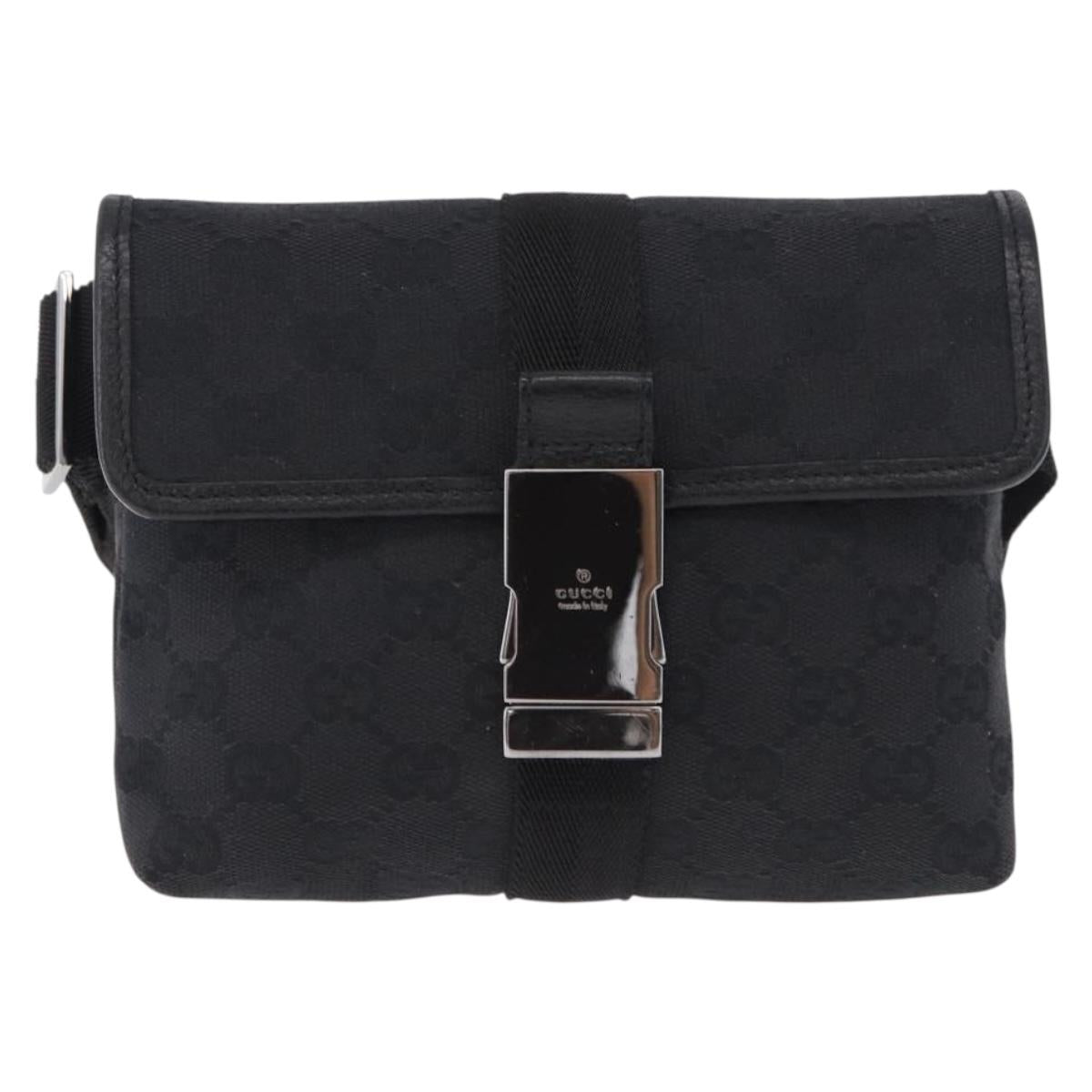 GUCCI GG Canvas Waist Bag Black Silver 131236 Auth 194839A