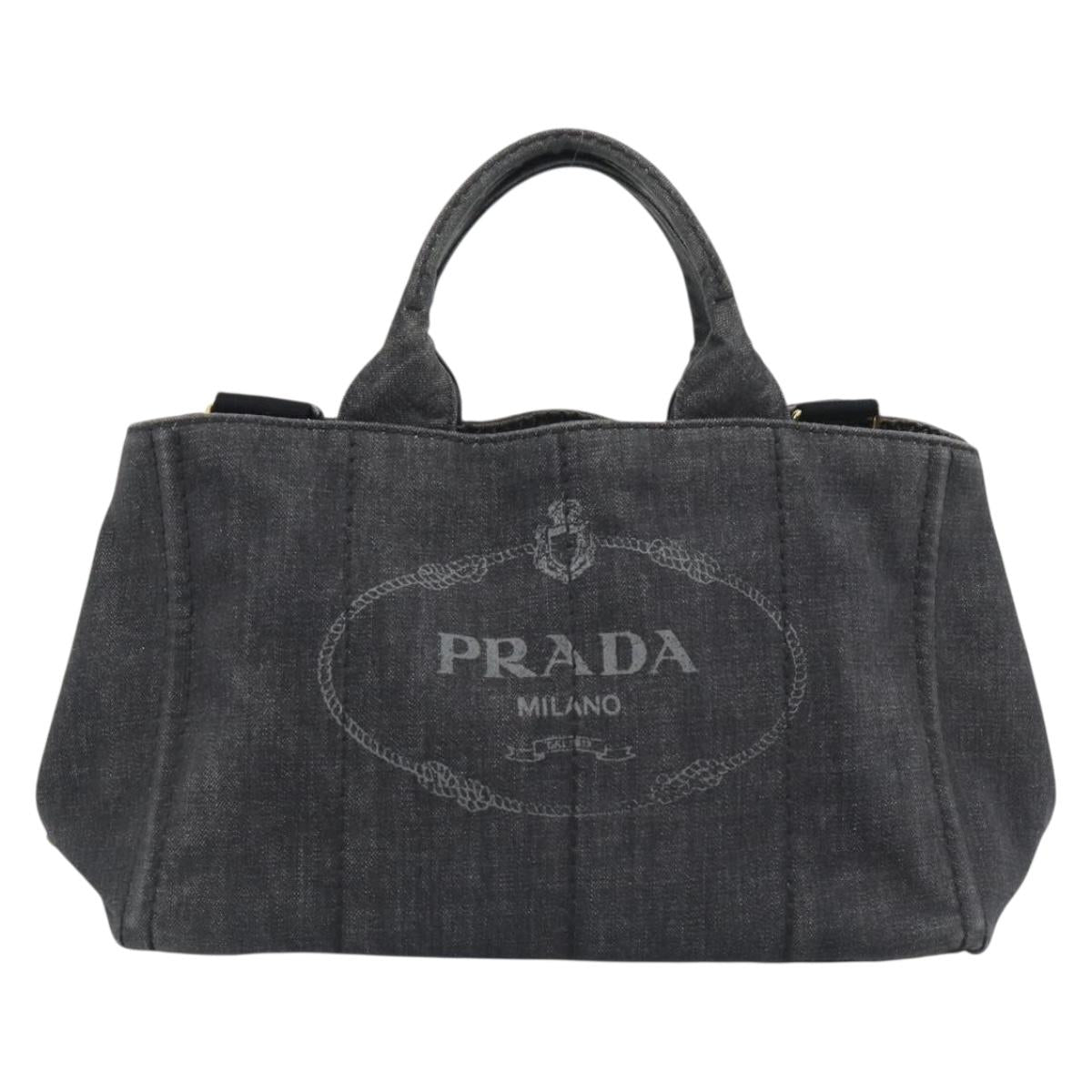 PRADA Canapa MM Hand Bag Denim 2way Black Gold Auth 194841V