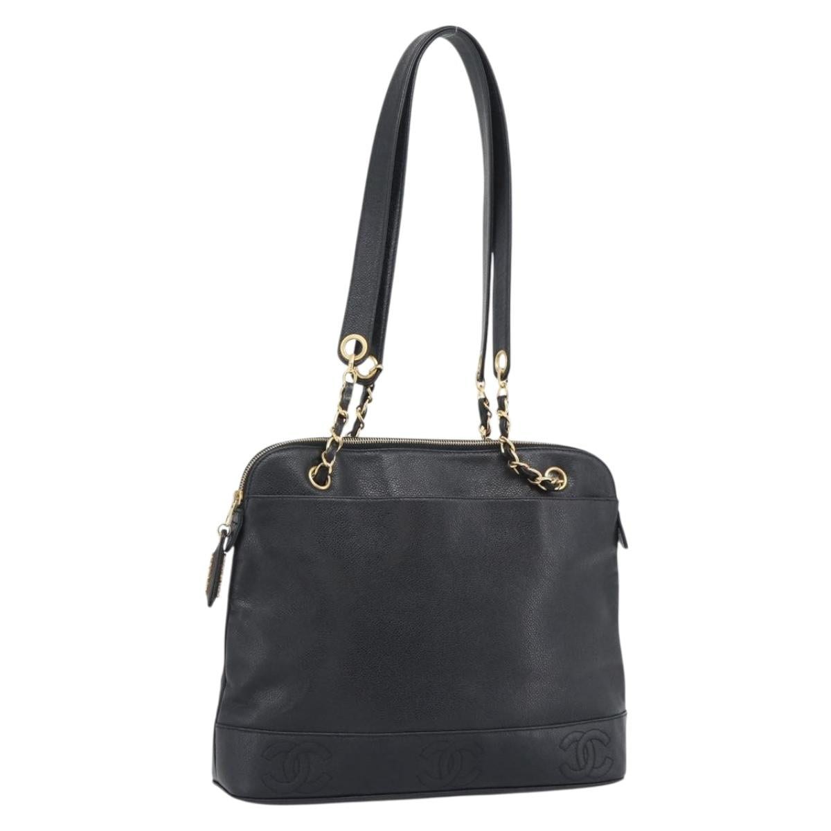 CHANEL Triple Coco Chain Tote Bag Caviar Skin Black Gold CC Auth 194844V