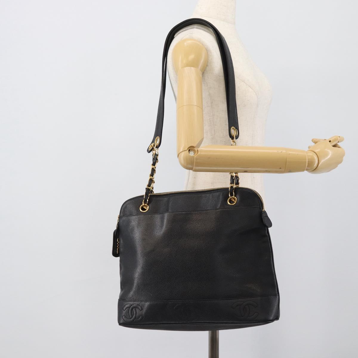 CHANEL Triple Coco Chain Tote Bag Caviar Skin Black Gold CC Auth 194844V