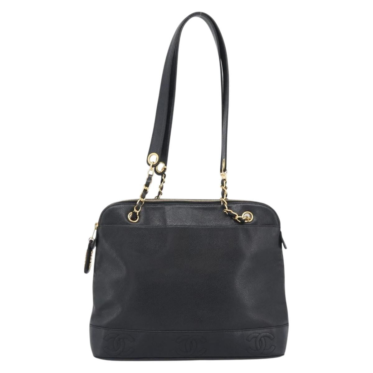 CHANEL Triple Coco Chain Tote Bag Caviar Skin Black Gold CC Auth 194844V