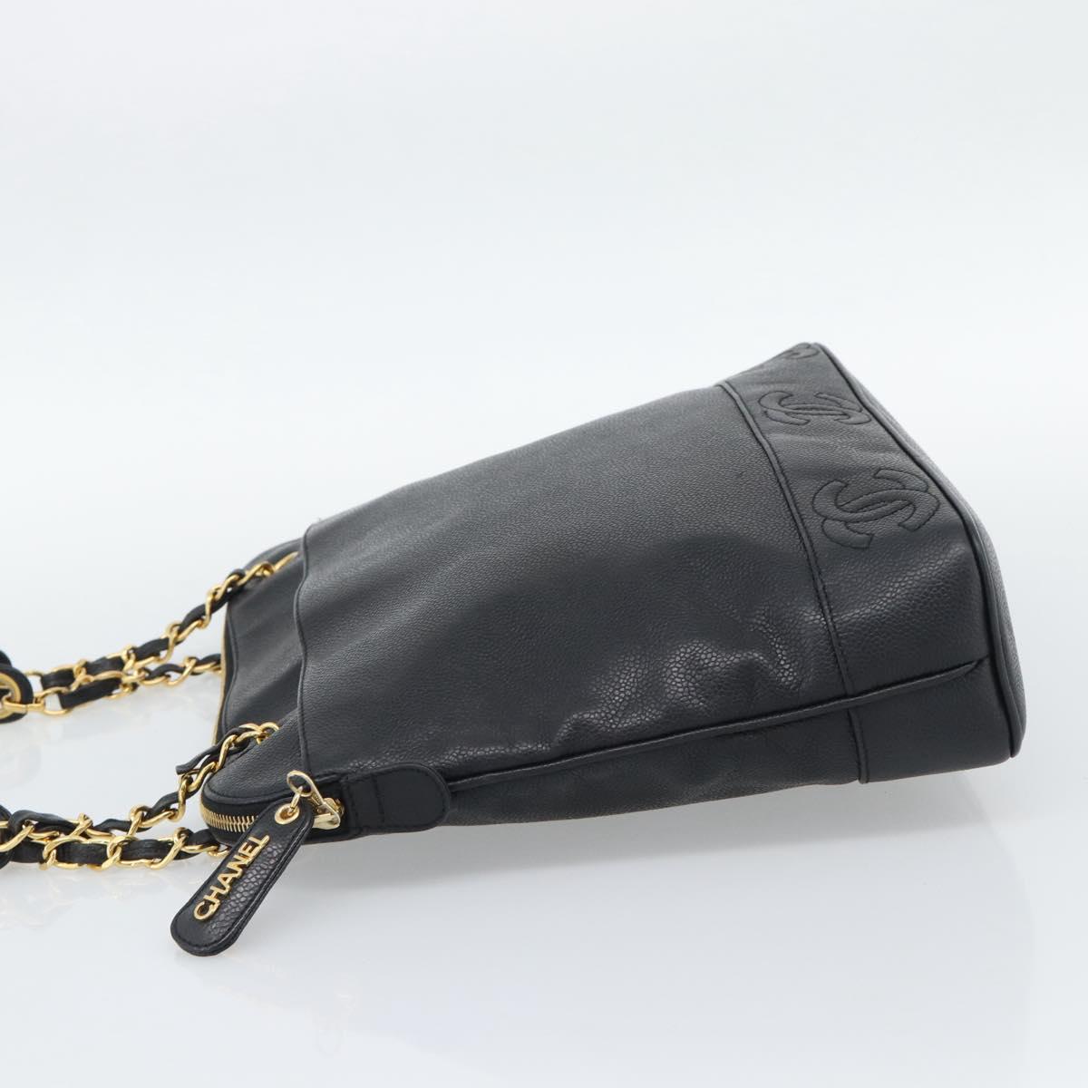 CHANEL Triple Coco Chain Tote Bag Caviar Skin Black Gold CC Auth 194844V