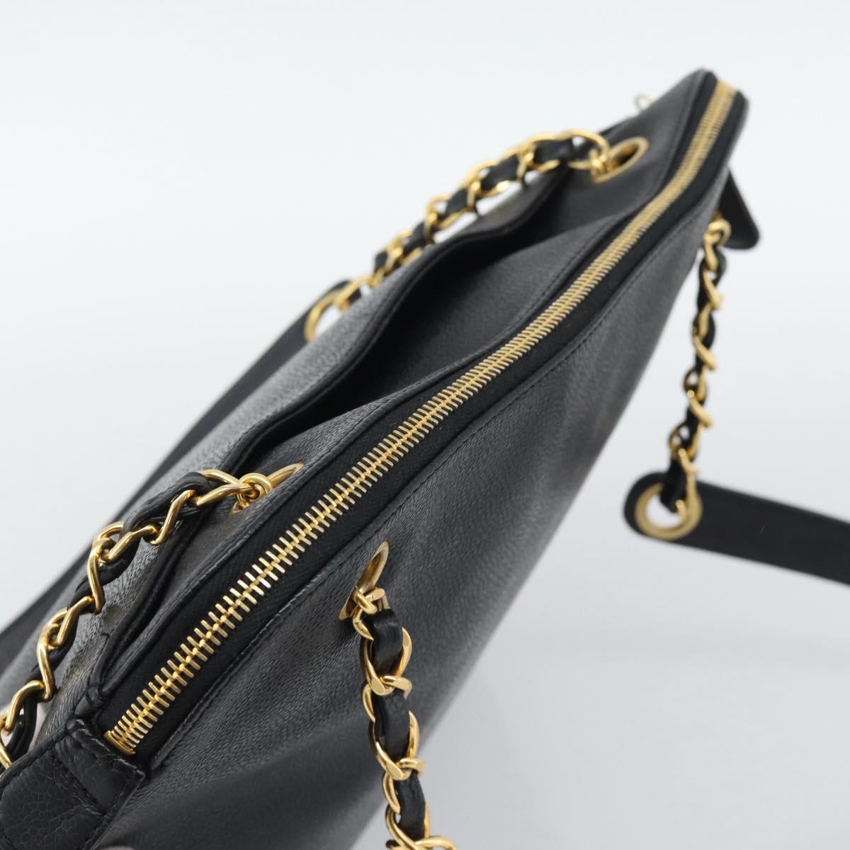 CHANEL Triple Coco Chain Tote Bag Caviar Skin Black Gold CC Auth 194844V