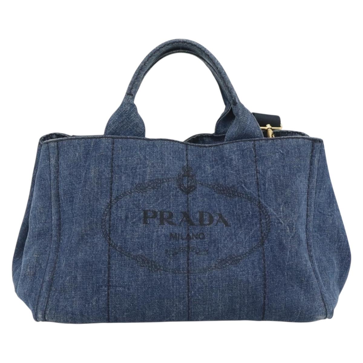 PRADA Canapa M Hand Bag Denim 2way Blue Gold Auth 194845V