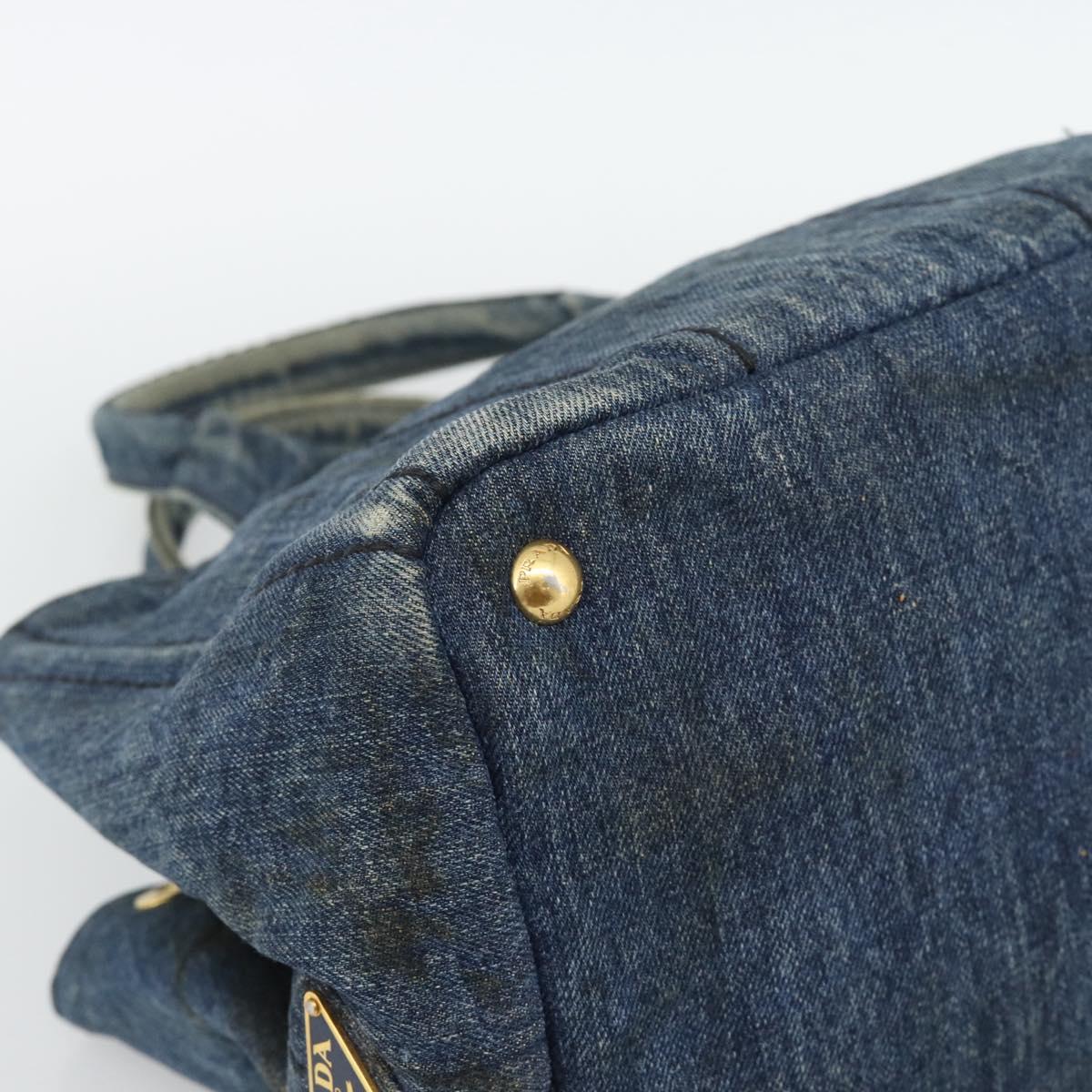 PRADA Canapa MM Hand Bag Denim Blue Gold Auth 194847