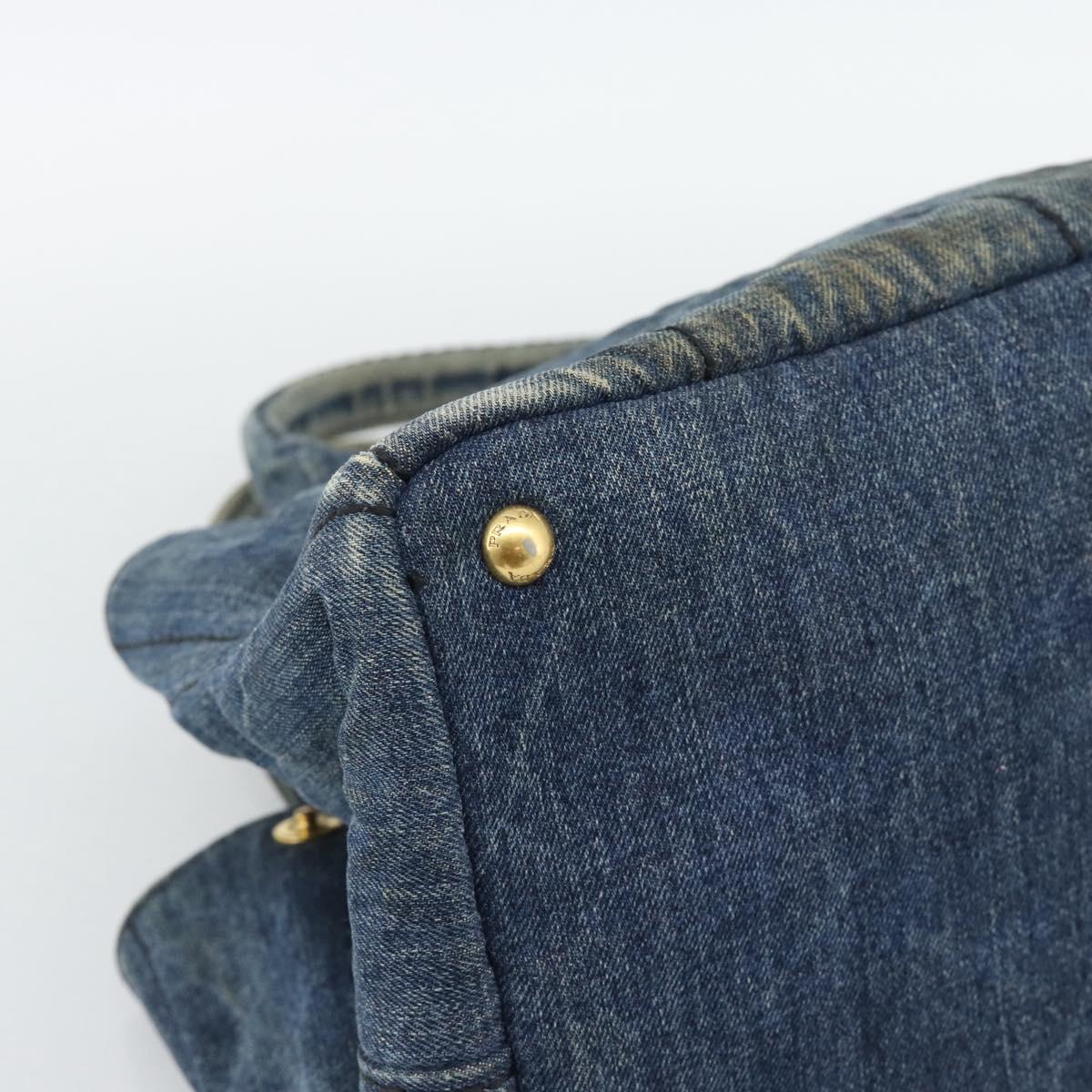 PRADA Canapa MM Hand Bag Denim Blue Gold Auth 194847