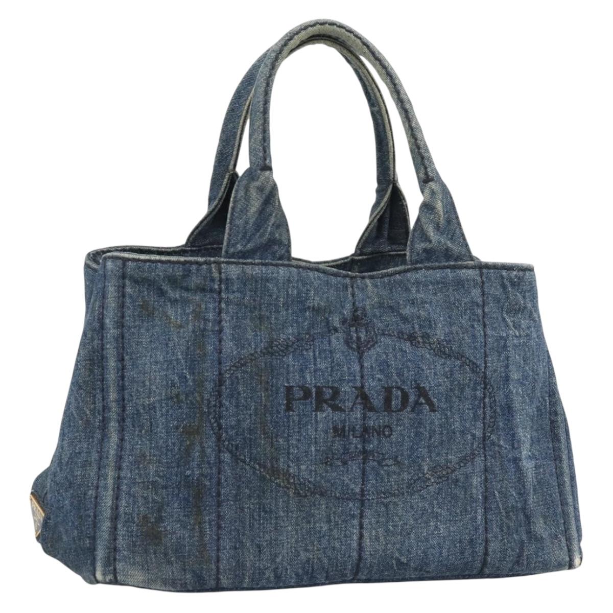 PRADA Canapa MM Hand Bag Denim Blue Gold Auth 194847