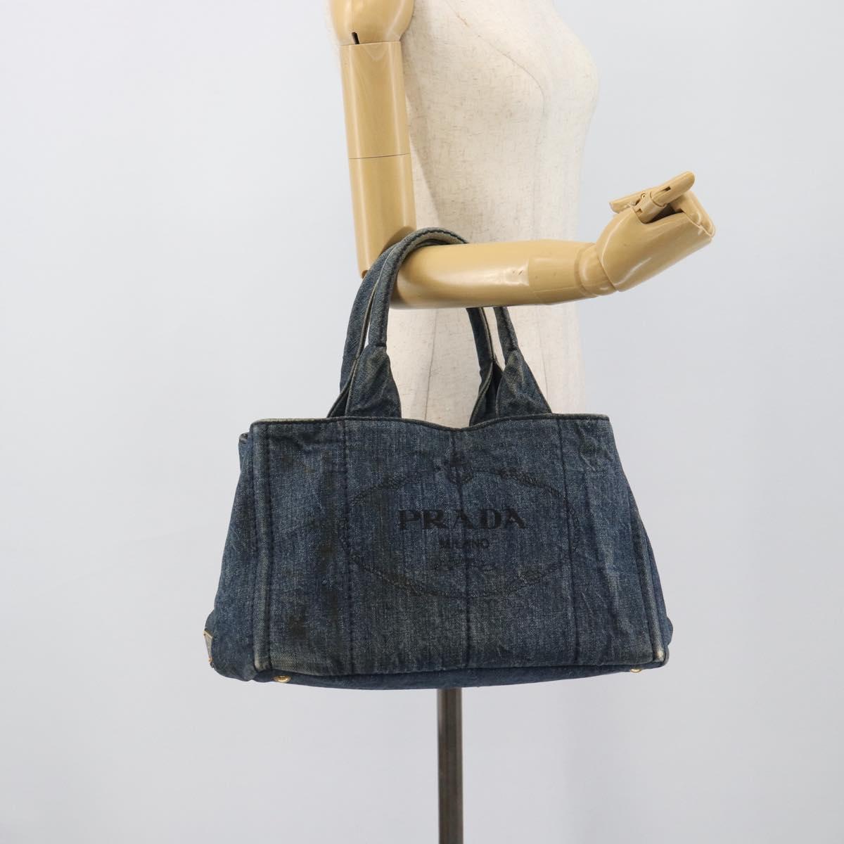PRADA Canapa MM Hand Bag Denim Blue Gold Auth 194847