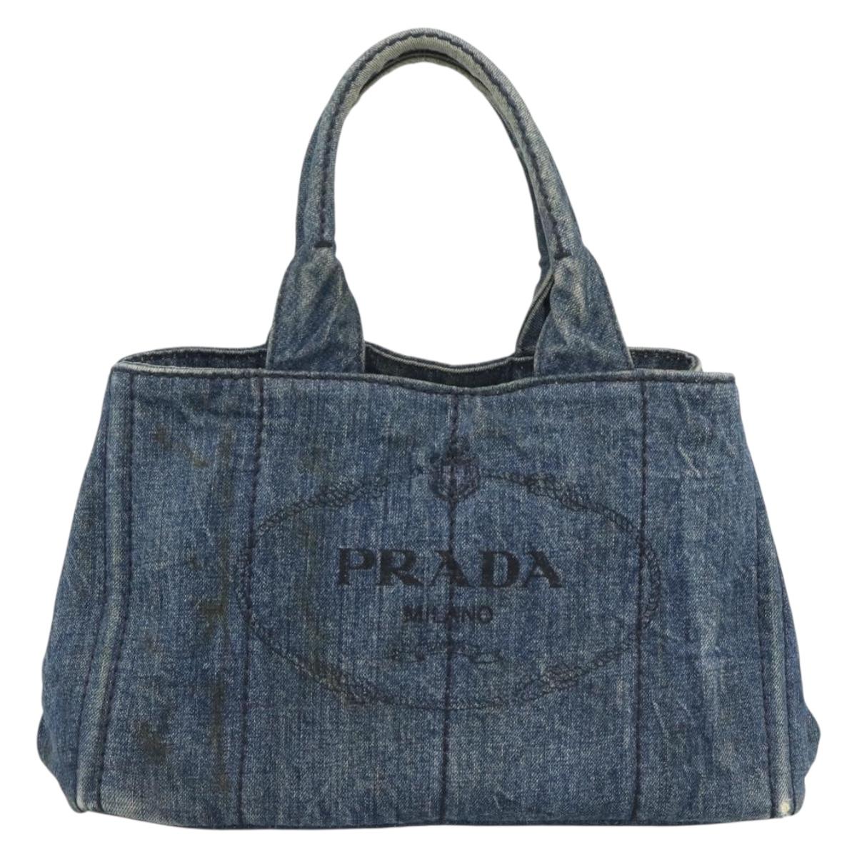 PRADA Canapa MM Hand Bag Denim Blue Gold Auth 194847