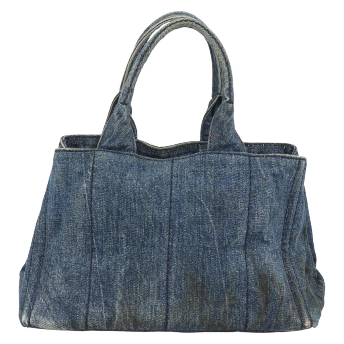 PRADA Canapa MM Hand Bag Denim Blue Gold Auth 194847