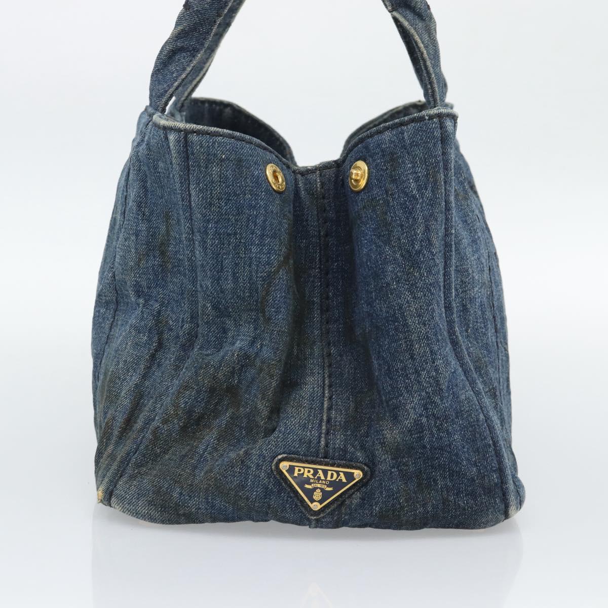 PRADA Canapa MM Hand Bag Denim Blue Gold Auth 194847