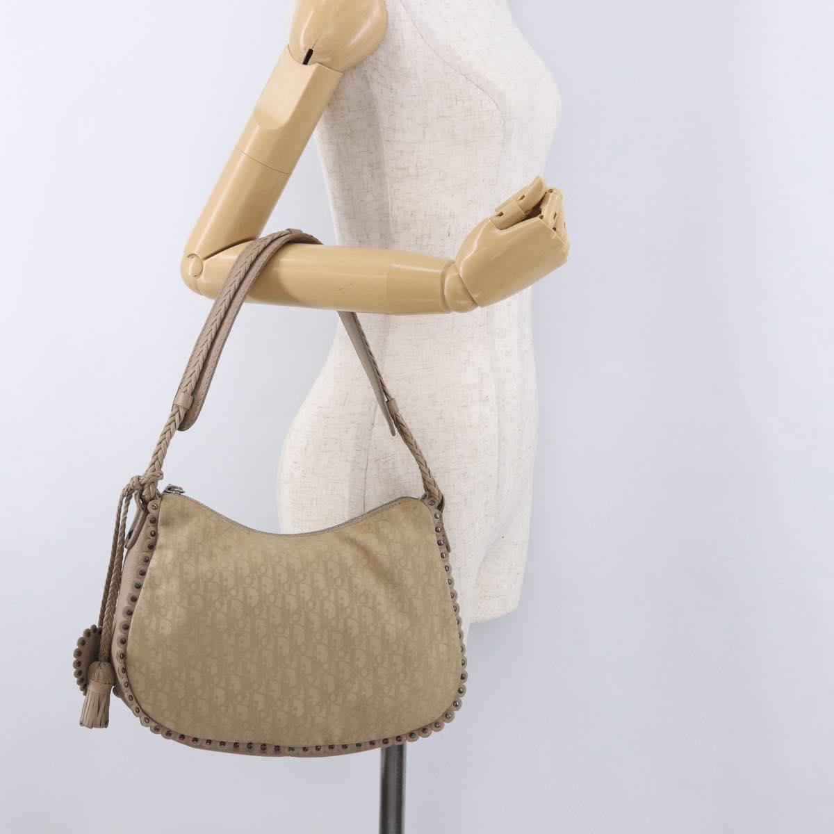 Christian Dior Trotter Canvas Shoulder Bag Beige Silver Auth 194850A