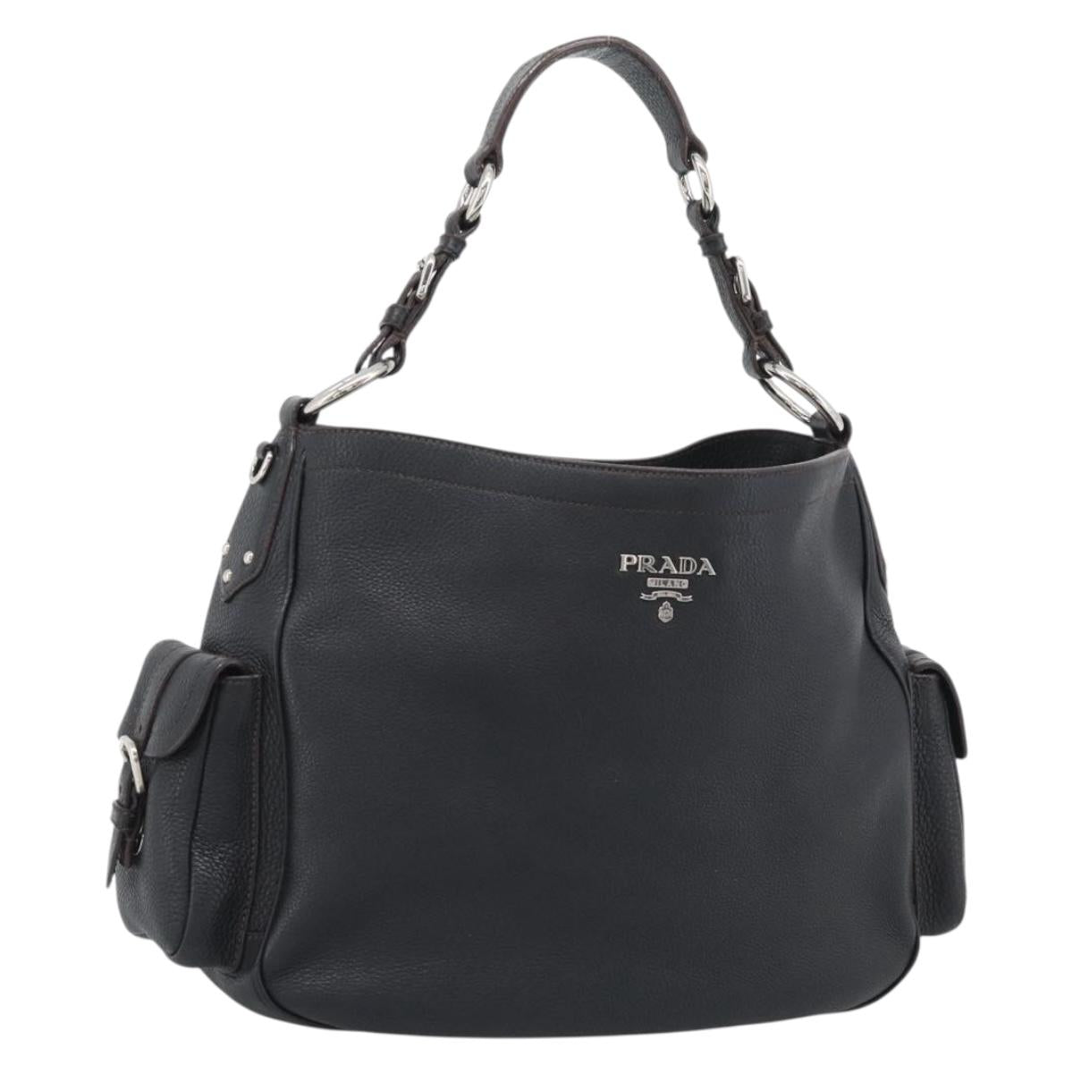 PRADA Shoulder Bag Vittero Dino Leather Black Silver Auth 194853SAV