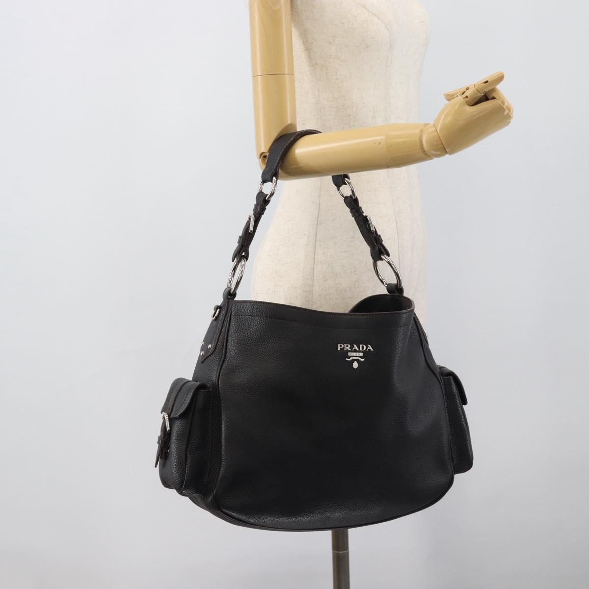 PRADA Shoulder Bag Vittero Dino Leather Black Silver Auth 194853SAV