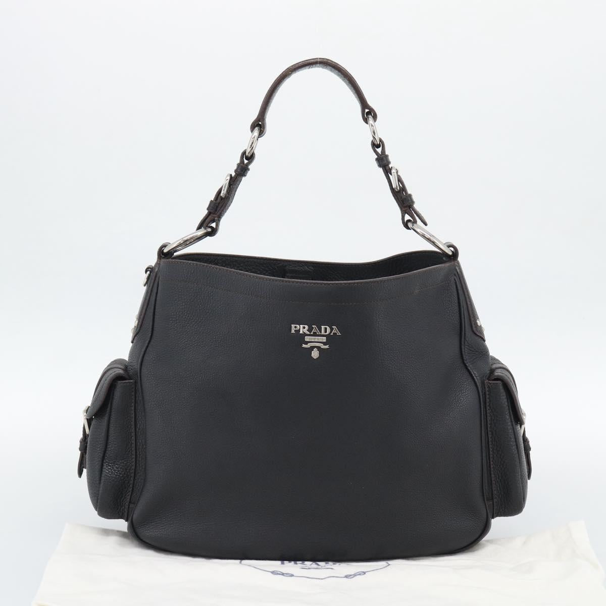 PRADA Shoulder Bag Vittero Dino Leather Black Silver Auth 194853SAV