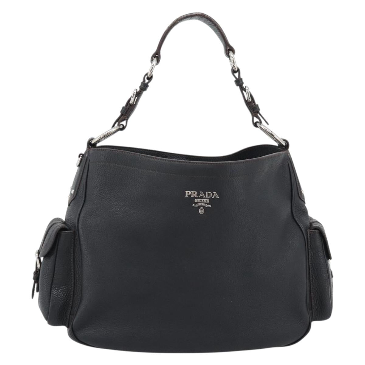 PRADA Shoulder Bag Vittero Dino Leather Black Silver Auth 194853SAV