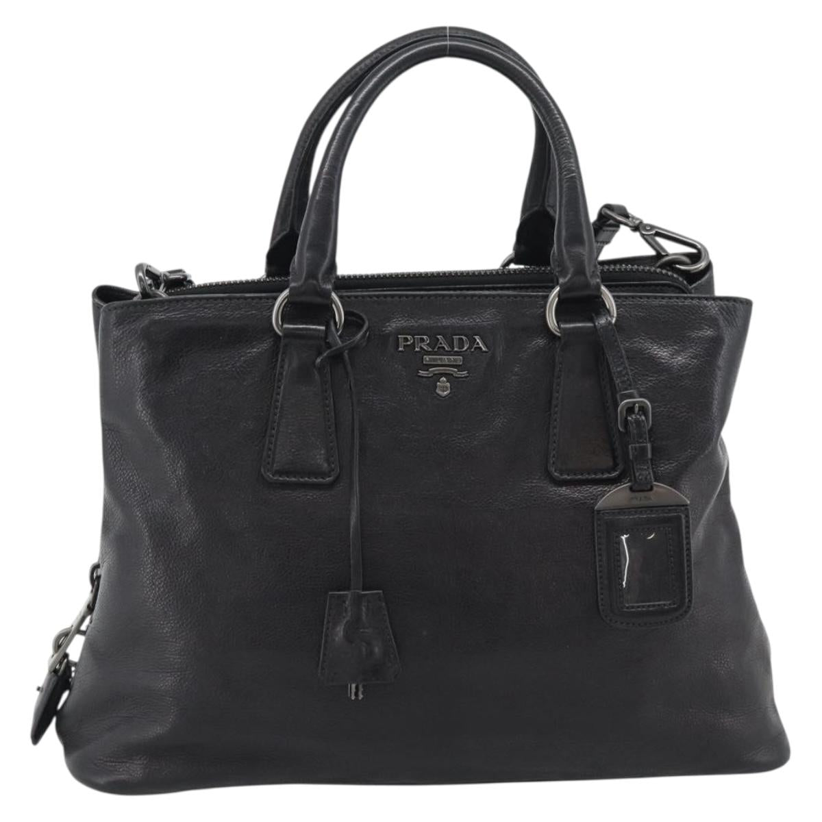 PRADA Hand Bag Vittero Dino Leather 2way Black Silver Auth 194854V