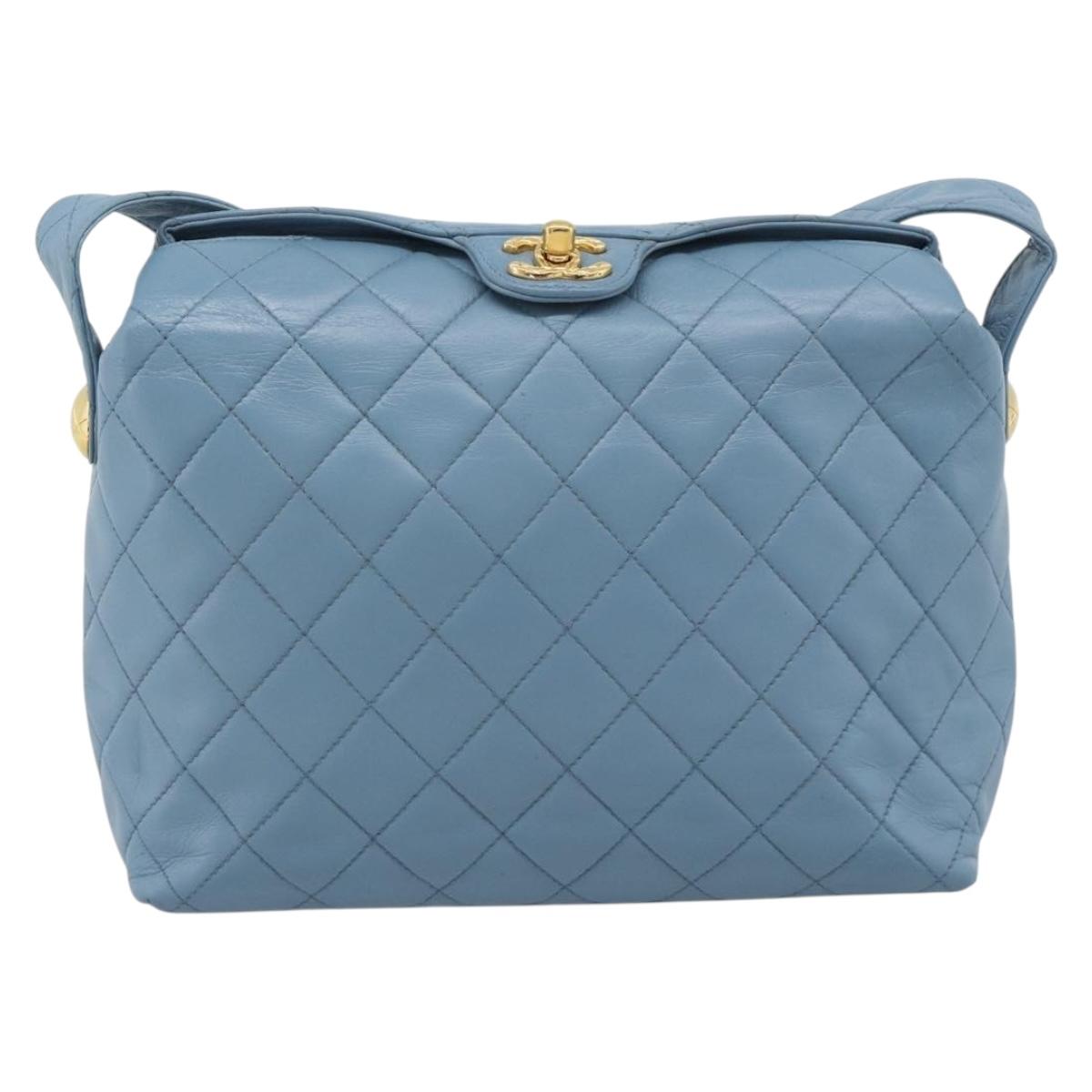 CHANEL Matelasse Shoulder Bag Lamb Skin Light Blue Gold CC Auth 194865A