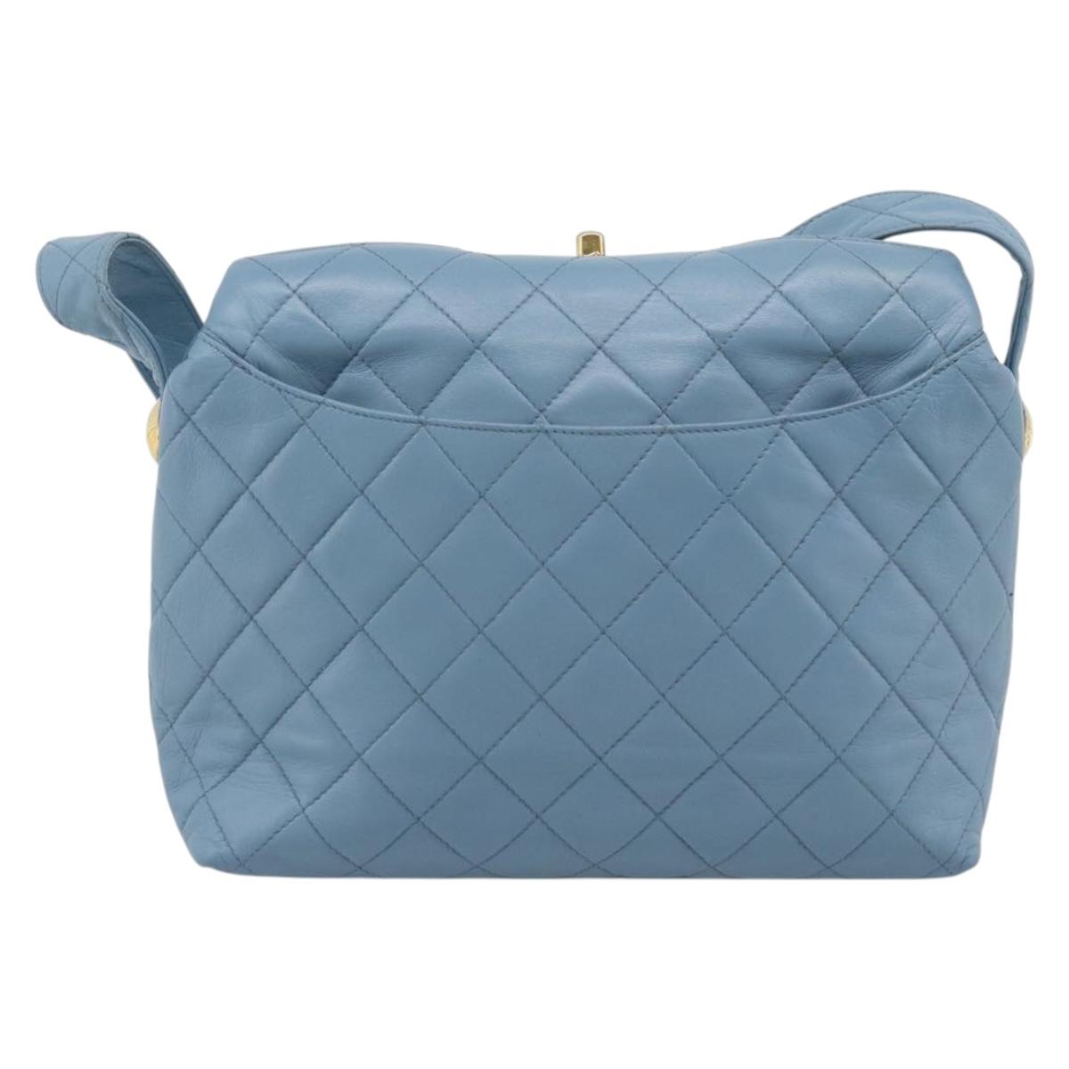 CHANEL Matelasse Shoulder Bag Lamb Skin Light Blue Gold CC Auth 194865A