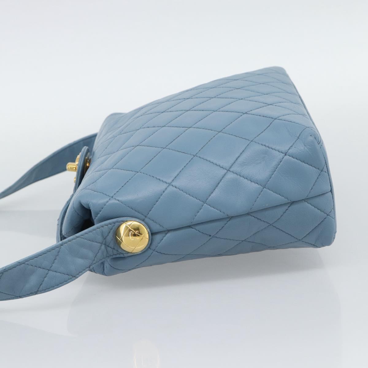 CHANEL Matelasse Shoulder Bag Lamb Skin Light Blue Gold CC Auth 194865A