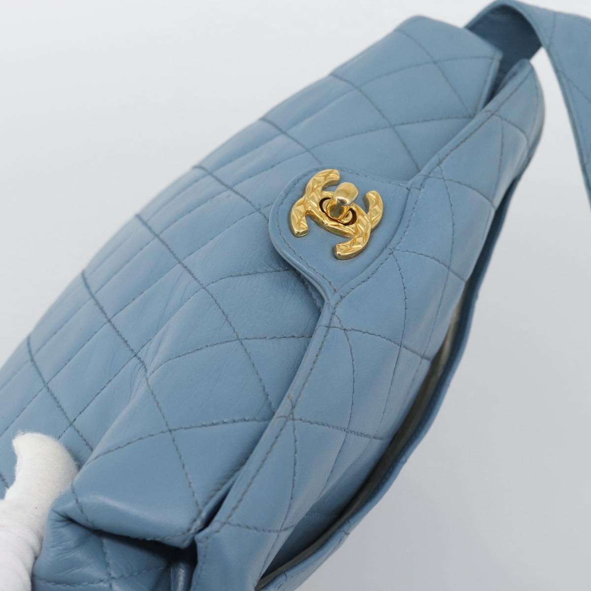 CHANEL Matelasse Shoulder Bag Lamb Skin Light Blue Gold CC Auth 194865A