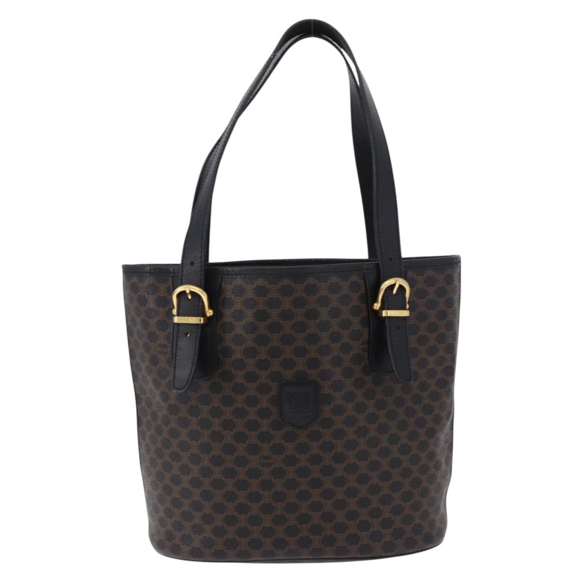CELINE Macadam Canvas Tote Bag PVC Leather Black Gold Auth 194870V