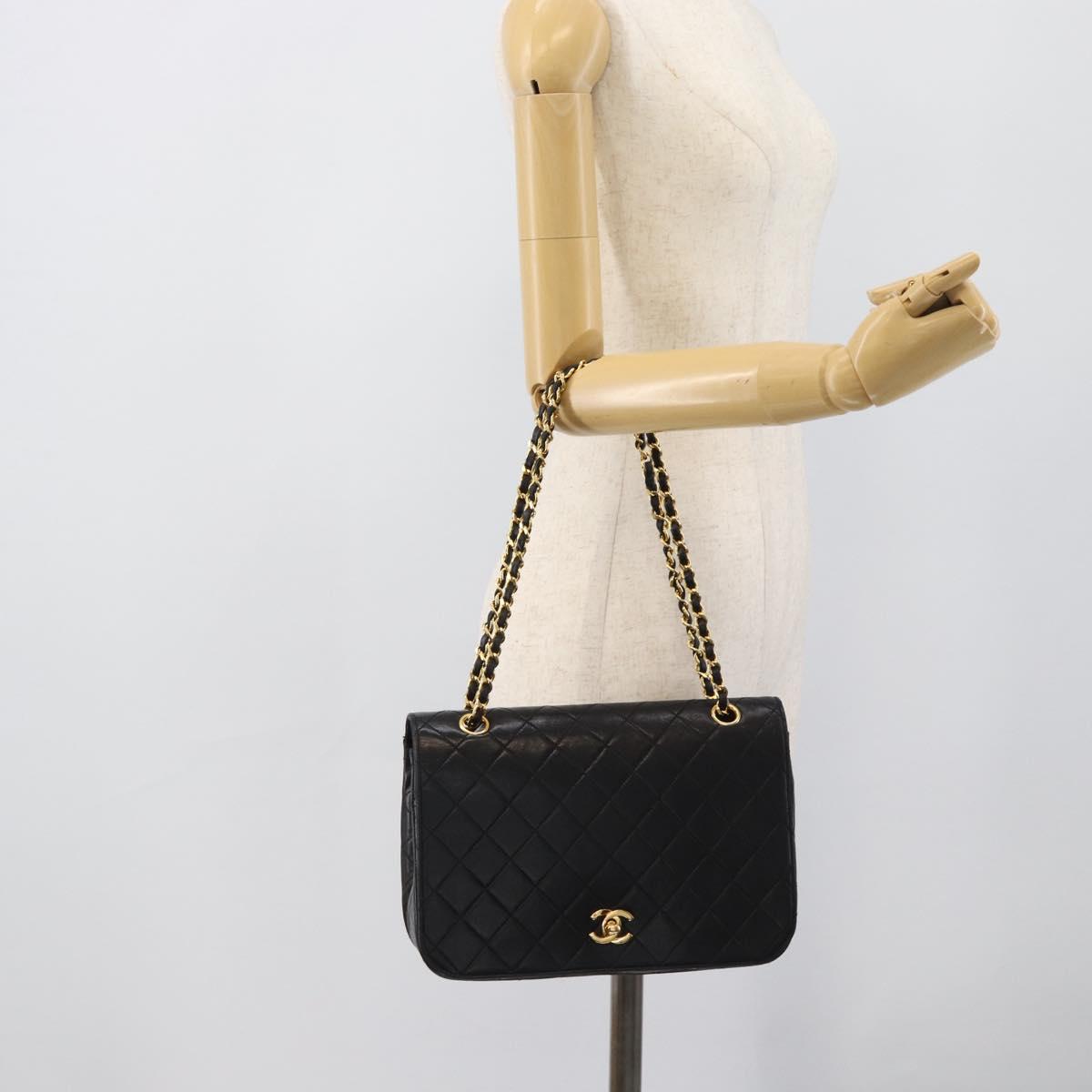 CHANEL Matelasse Chain Shoulder Bag Lamb Skin Black Gold CC Auth 194871V