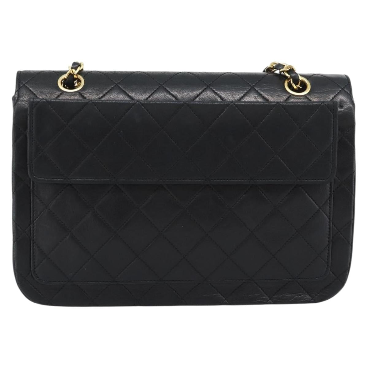 CHANEL Matelasse Chain Shoulder Bag Lamb Skin Black Gold CC Auth 194871V