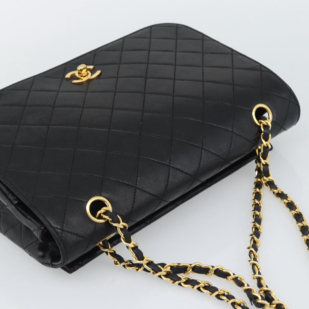 CHANEL Matelasse Chain Shoulder Bag Lamb Skin Black Gold CC Auth 194871V