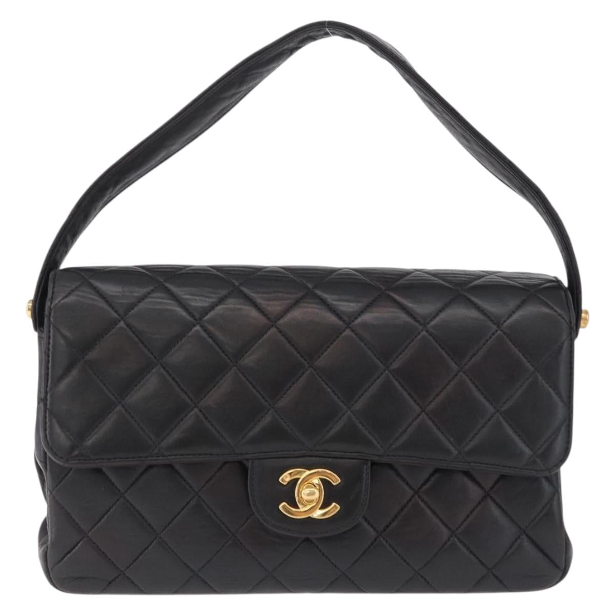 CHANEL Matelasse Double Face Hand Bag Lamb Skin Black Gold CC Auth 194872SAM