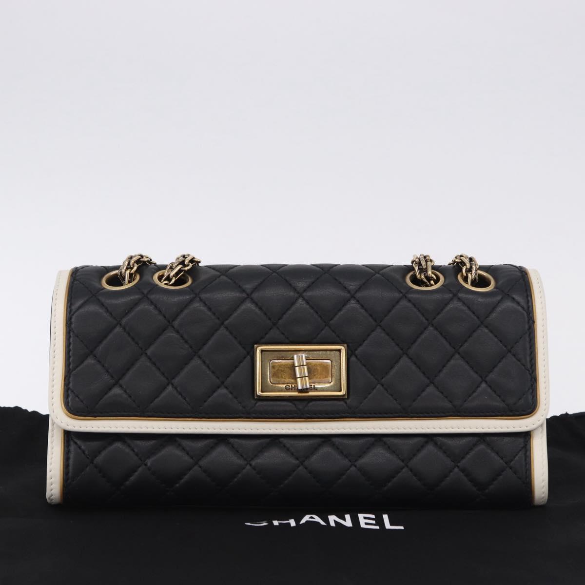 CHANEL Chain Matelasse 2.55 Shoulder Bag Lamb Skin Black Gold CC Auth 194876V