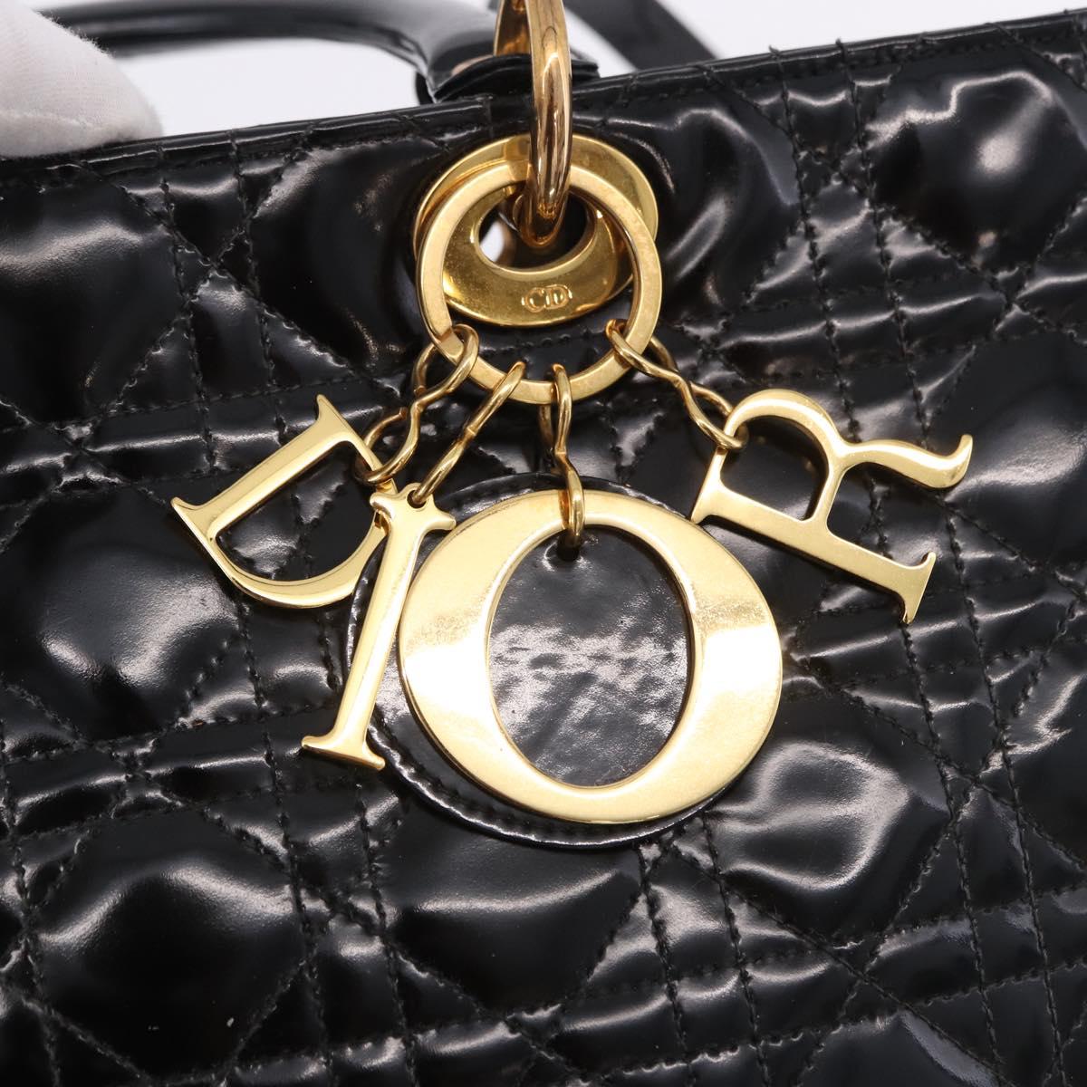 Christian Dior Lady Dior Canage Bag Patent Leather 2way Black Gold Auth 194882