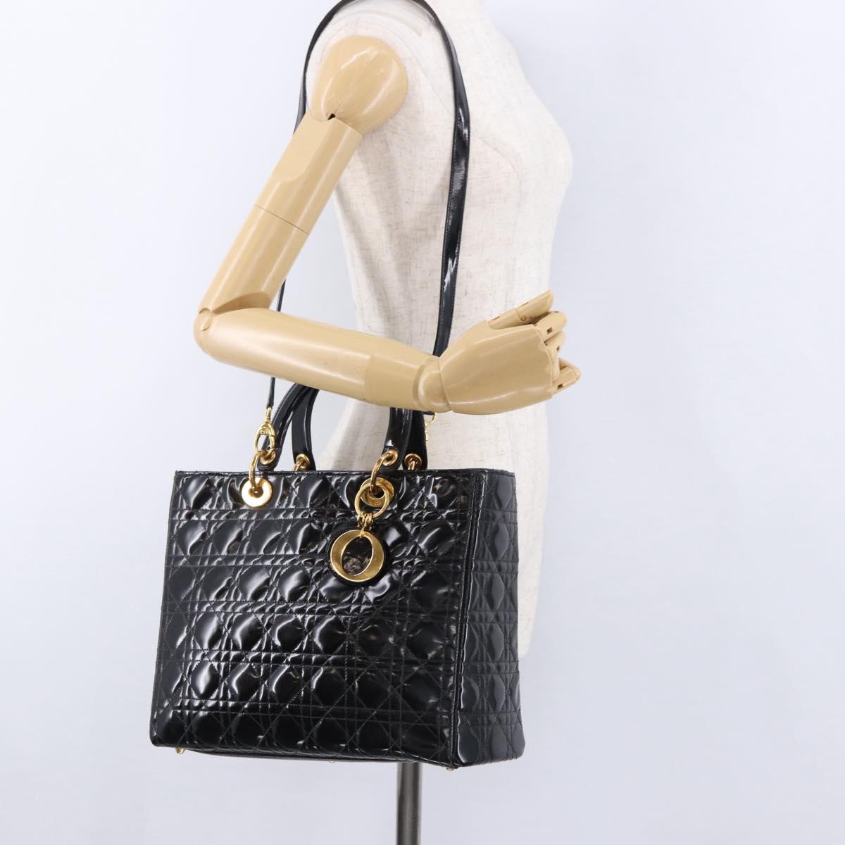 Christian Dior Lady Dior Canage Bag Patent Leather 2way Black Gold Auth 194882