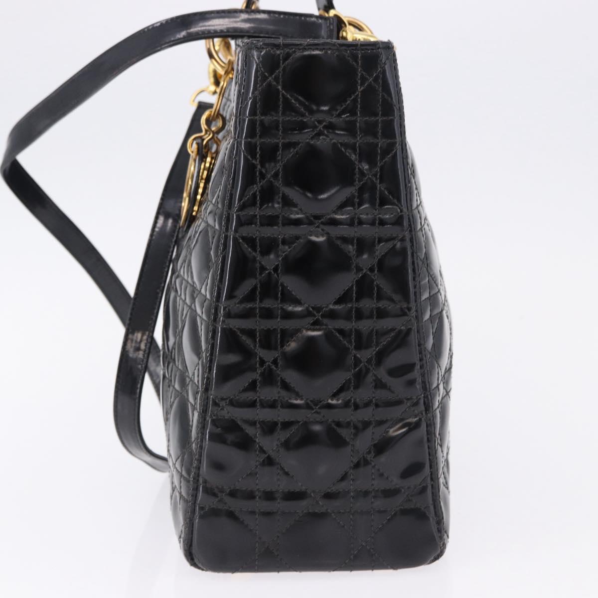 Christian Dior Lady Dior Canage Bag Patent Leather 2way Black Gold Auth 194882