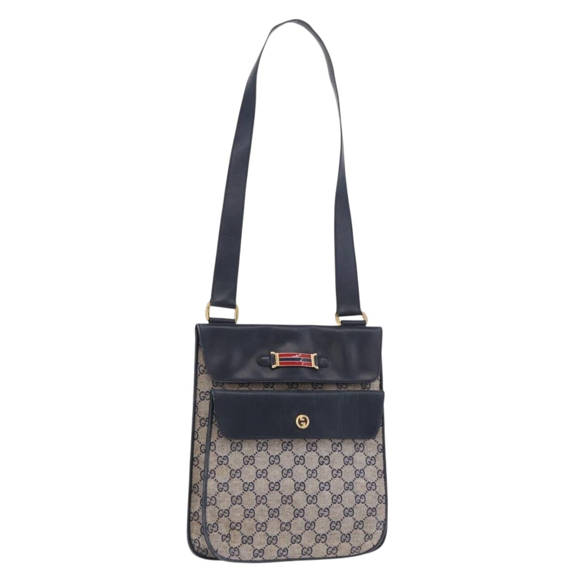 GUCCI GG Canvas Sherry Line Shoulder Bag Navy Gold Auth 194883