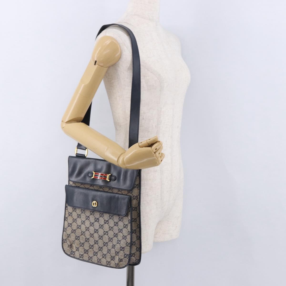 GUCCI GG Canvas Sherry Line Shoulder Bag Navy Gold Auth 194883