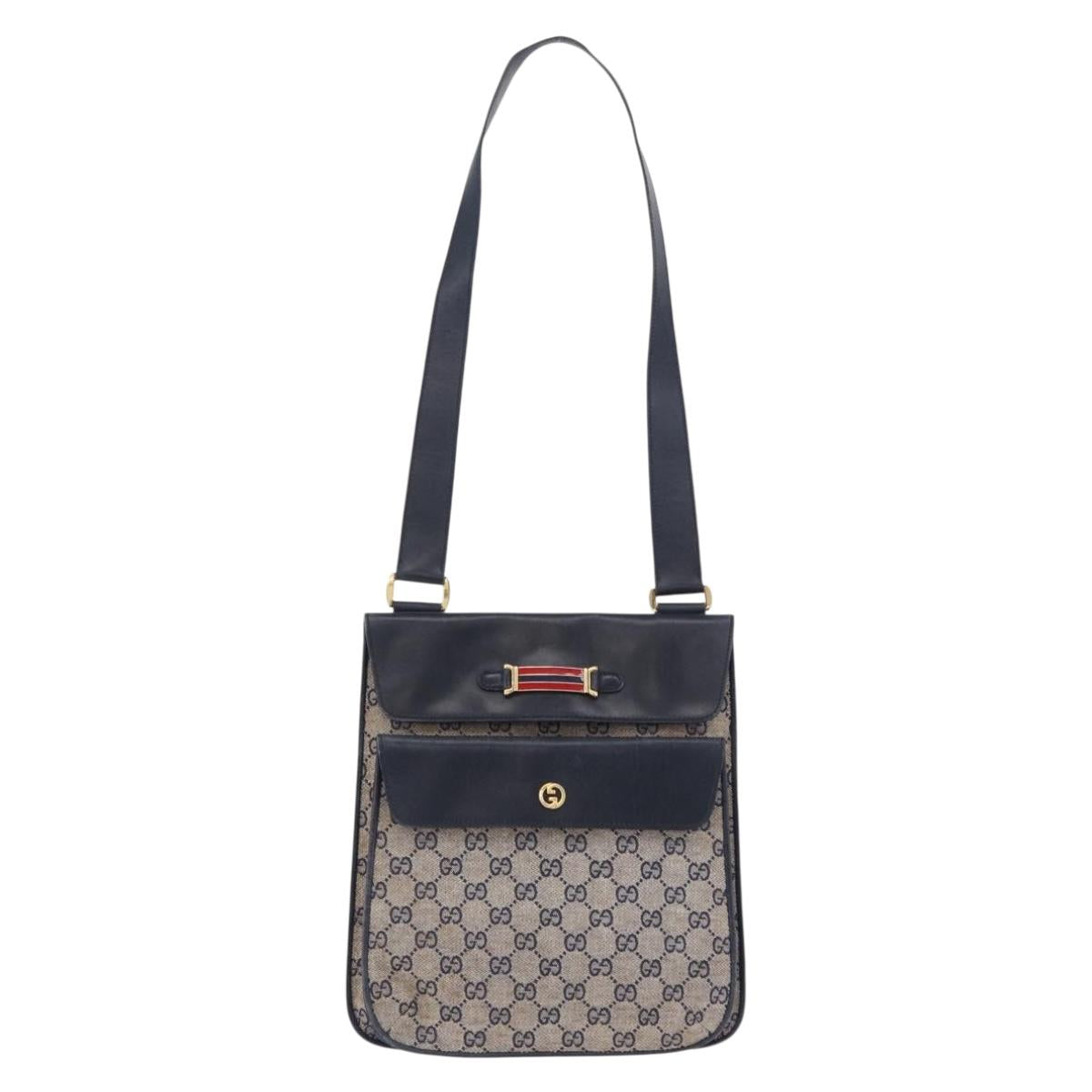 GUCCI GG Canvas Sherry Line Shoulder Bag Navy Gold Auth 194883