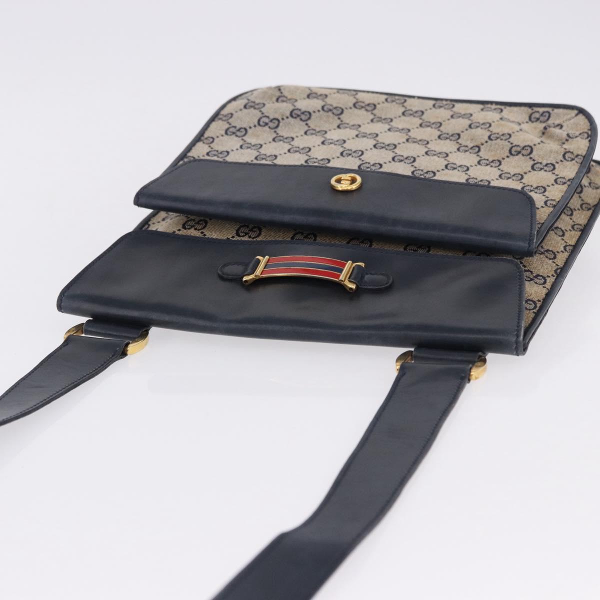 GUCCI GG Canvas Sherry Line Shoulder Bag Navy Gold Auth 194883